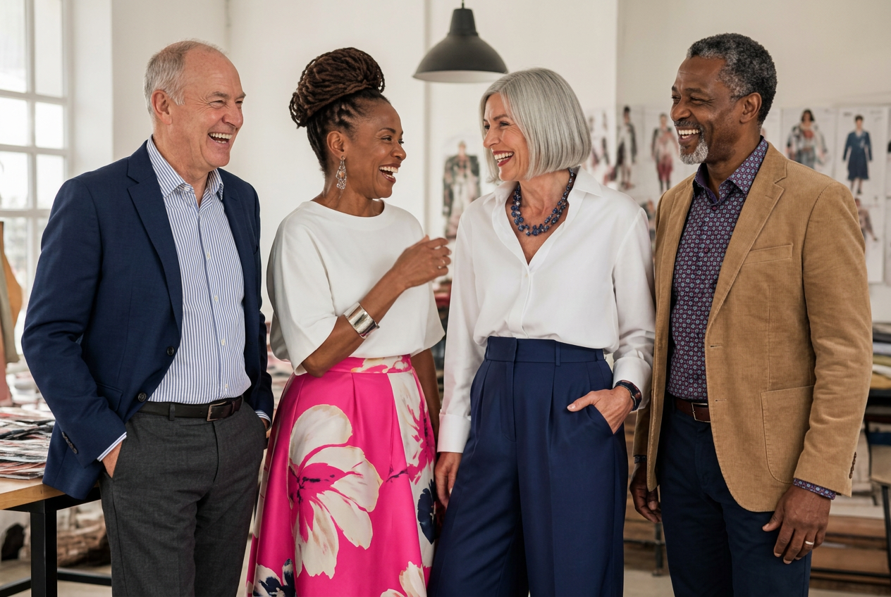 Four stylish women over 50 laughing together in a creative studio